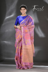 Royal purple with multicolour blossom lotus & other floral allover muslin silk handwoven jamdani saree