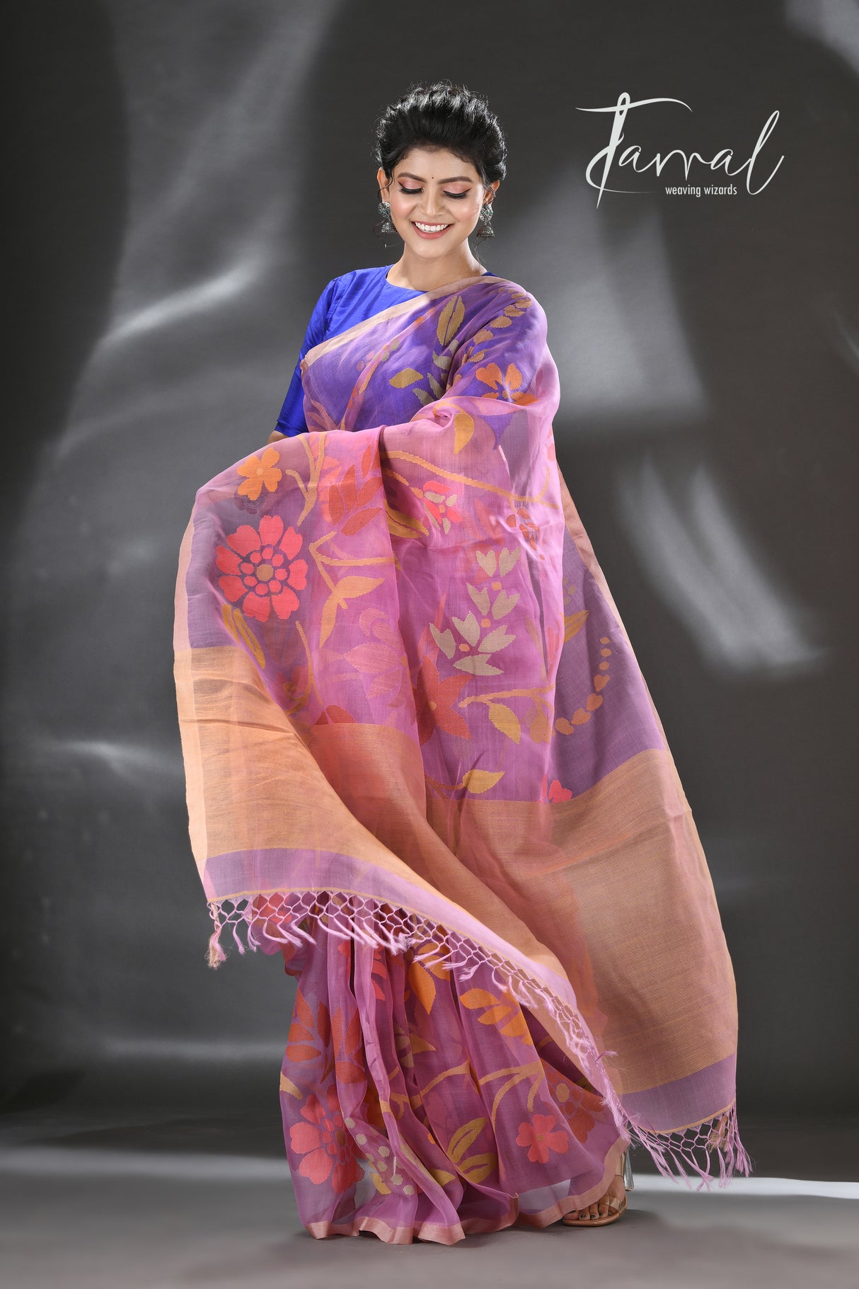 Royal purple with multicolour blossom lotus & other floral allover muslin silk handwoven jamdani saree - Tamal Boutique