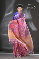 Royal purple with multicolour blossom lotus & other floral allover muslin silk handwoven jamdani saree