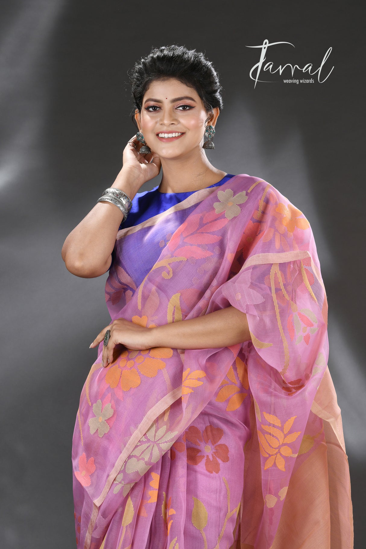 Royal purple with multicolour blossom lotus & other floral allover muslin silk handwoven jamdani saree