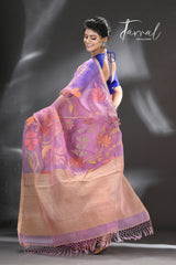 Royal purple with multicolour blossom lotus & other floral allover muslin silk handwoven jamdani saree