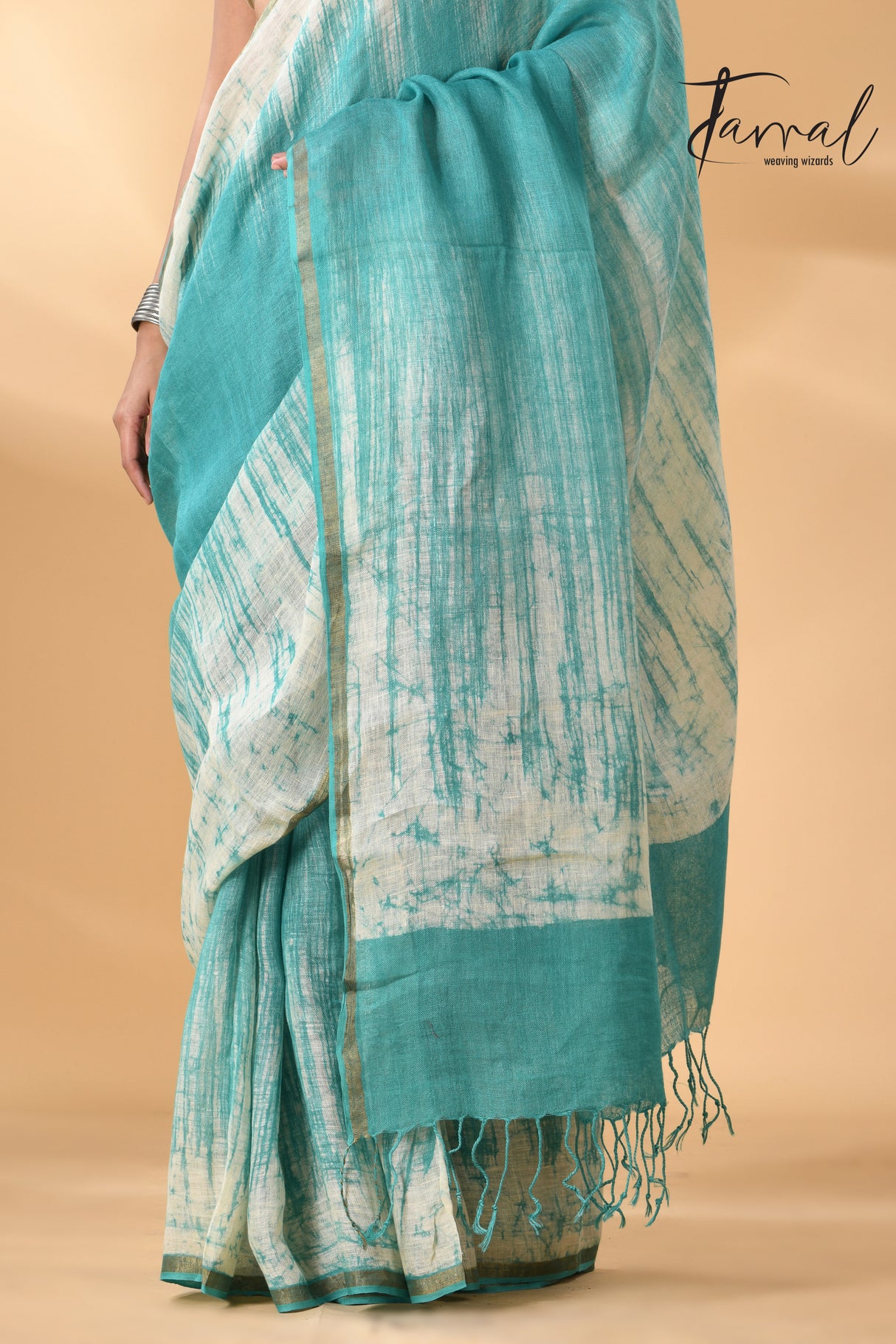 Sea green with white linen handcrafted batik saree