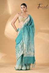 Sea green with white linen handcrafted batik saree