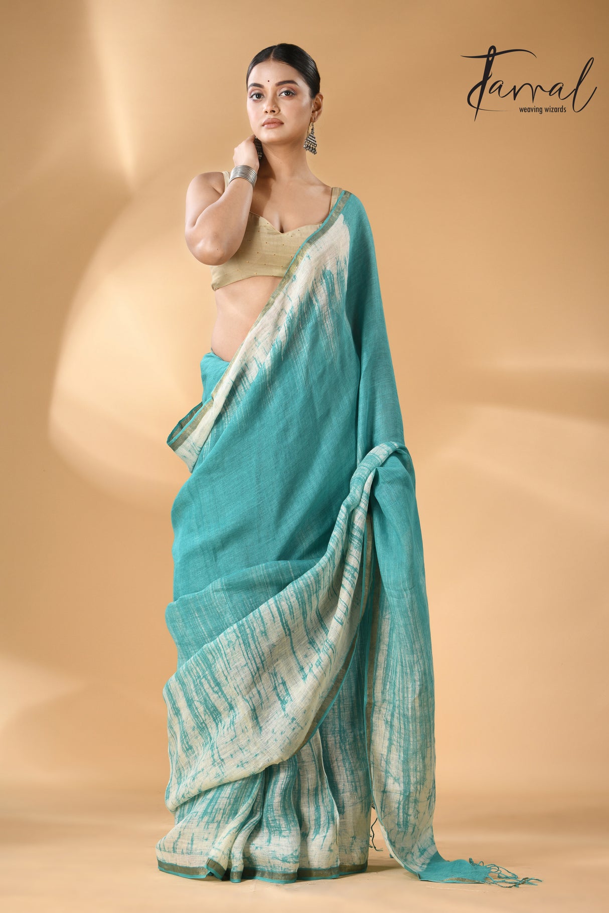 Sea green with white linen handcrafted batik saree