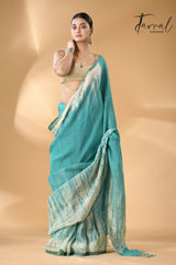 Sea green with white linen handcrafted batik saree