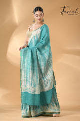 Sea green with white linen handcrafted batik saree