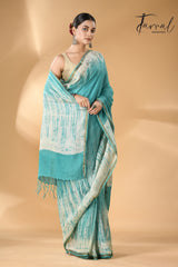 Sea green with white linen handcrafted batik saree