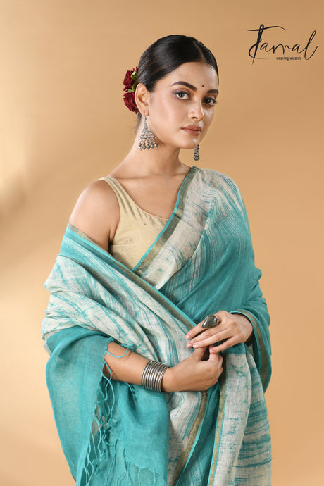 Sea green with white linen handcrafted batik saree