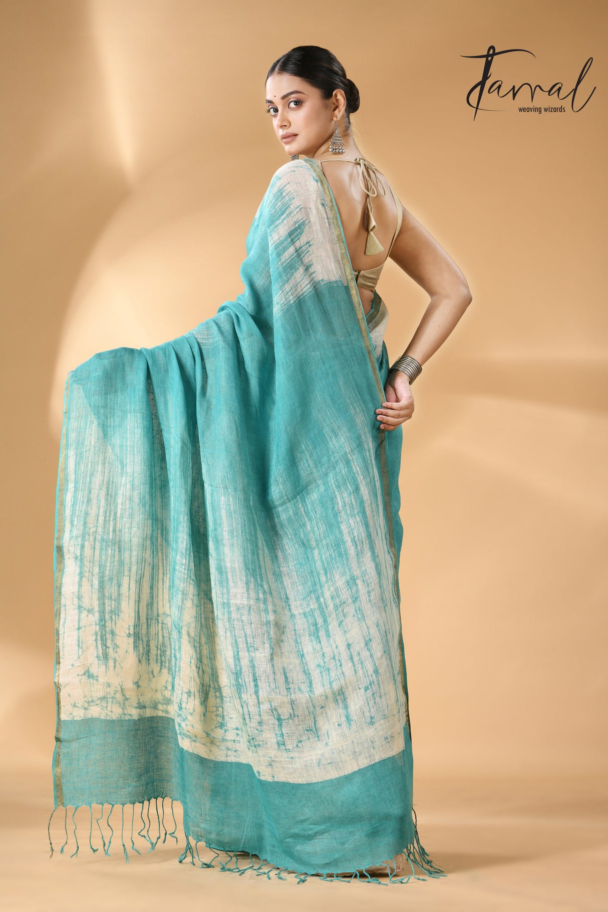 Sea green with white linen handcrafted batik saree