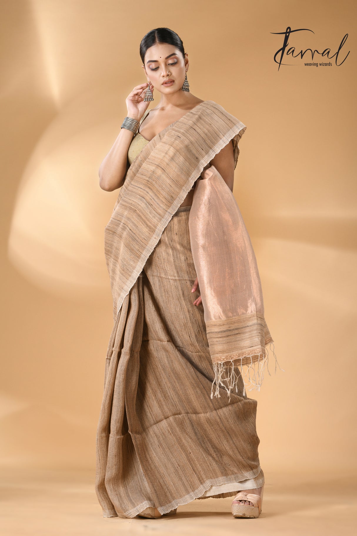 Jute brown with golden pallu Tussar ghicha silk saree