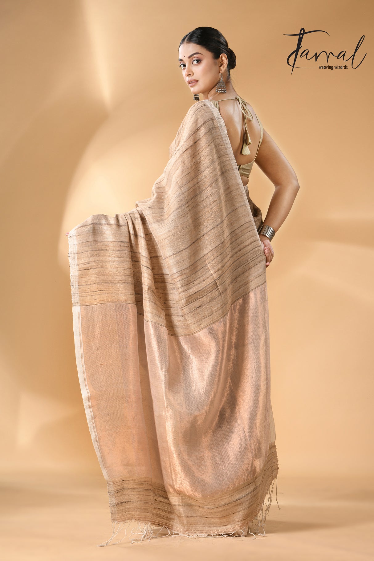 Jute brown with golden pallu Tussar ghicha silk saree