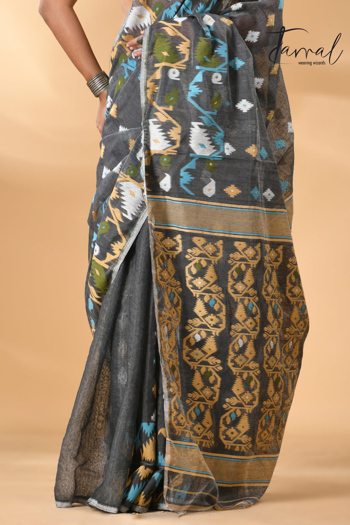 Grey with multi colour soft handloom dhaki jamdani saree