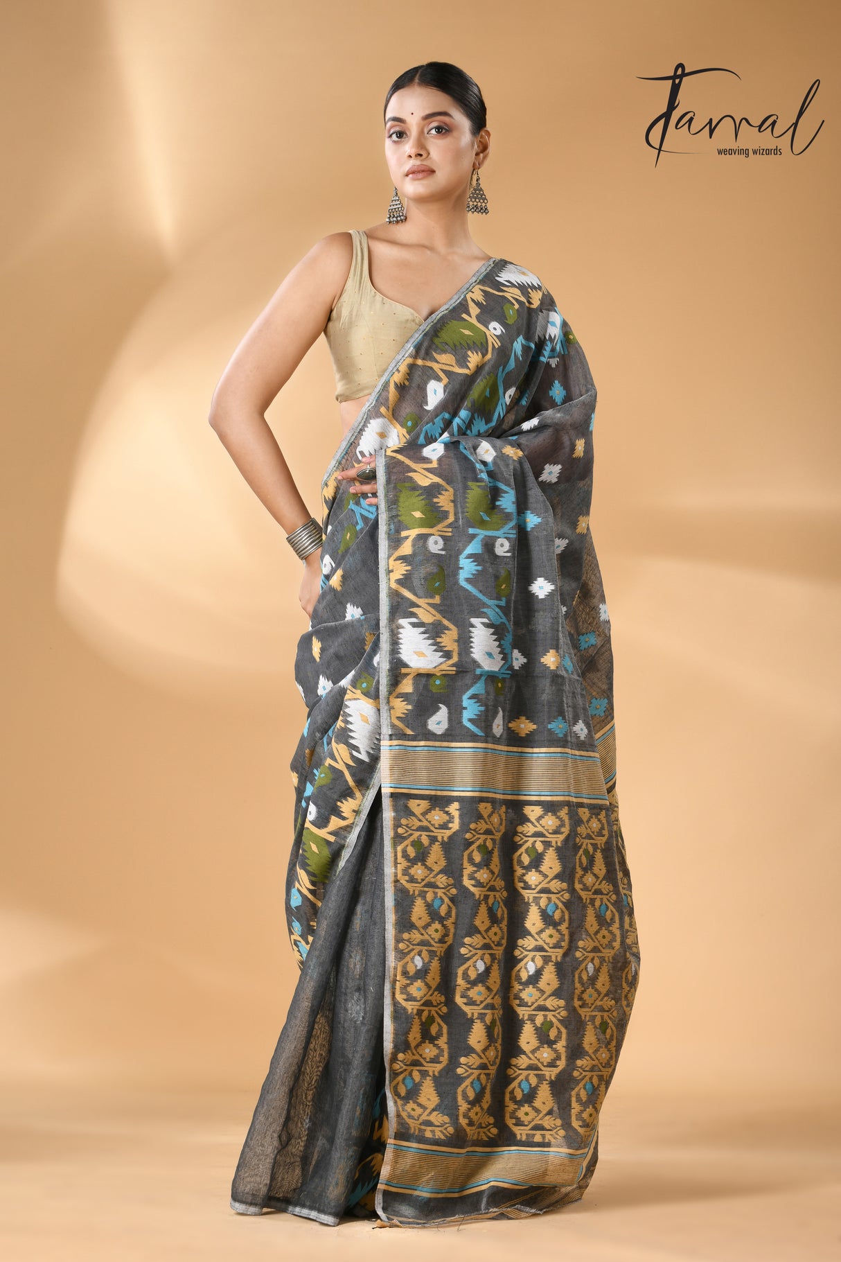 Grey with multi colour soft handloom dhaki jamdani saree