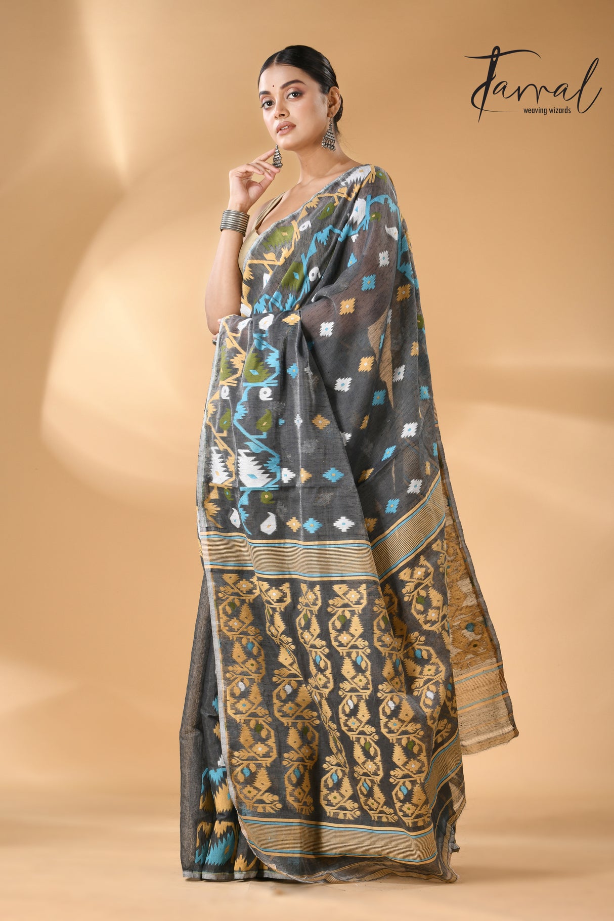 Grey with multi colour soft handloom dhaki jamdani saree