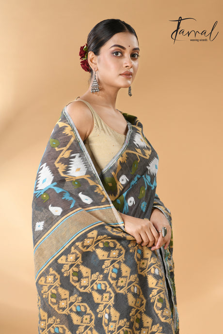 Grey with multi colour soft handloom dhaki jamdani saree