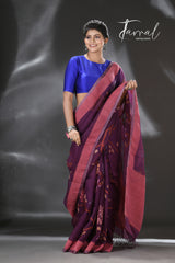 Mauve with multi colour allover rose motifs handwoven muslin silk jamdani saree