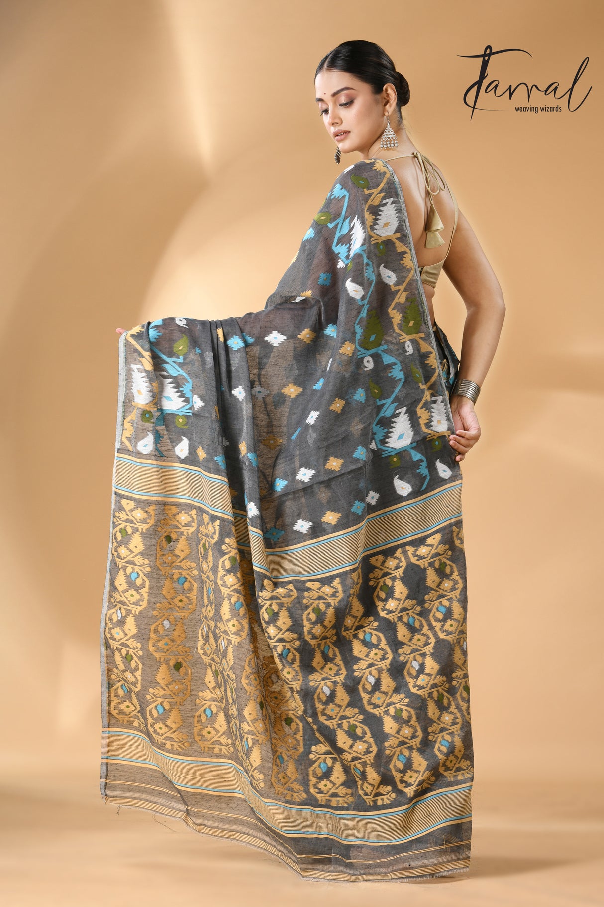 Grey with multi colour soft handloom dhaki jamdani saree