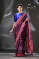 Mauve with multi colour allover rose motifs handwoven muslin silk jamdani saree