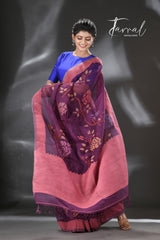 Mauve with multi colour allover rose motifs handwoven muslin silk jamdani saree