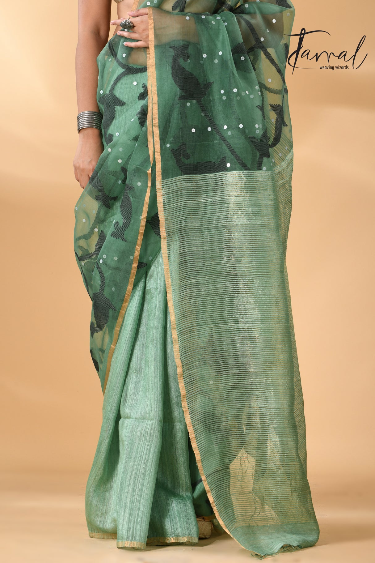 Forest green with zari border half & half muslin with matka silk handwoven needle work jamdani saree