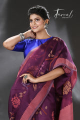 Mauve with multi colour allover rose motifs handwoven muslin silk jamdani saree