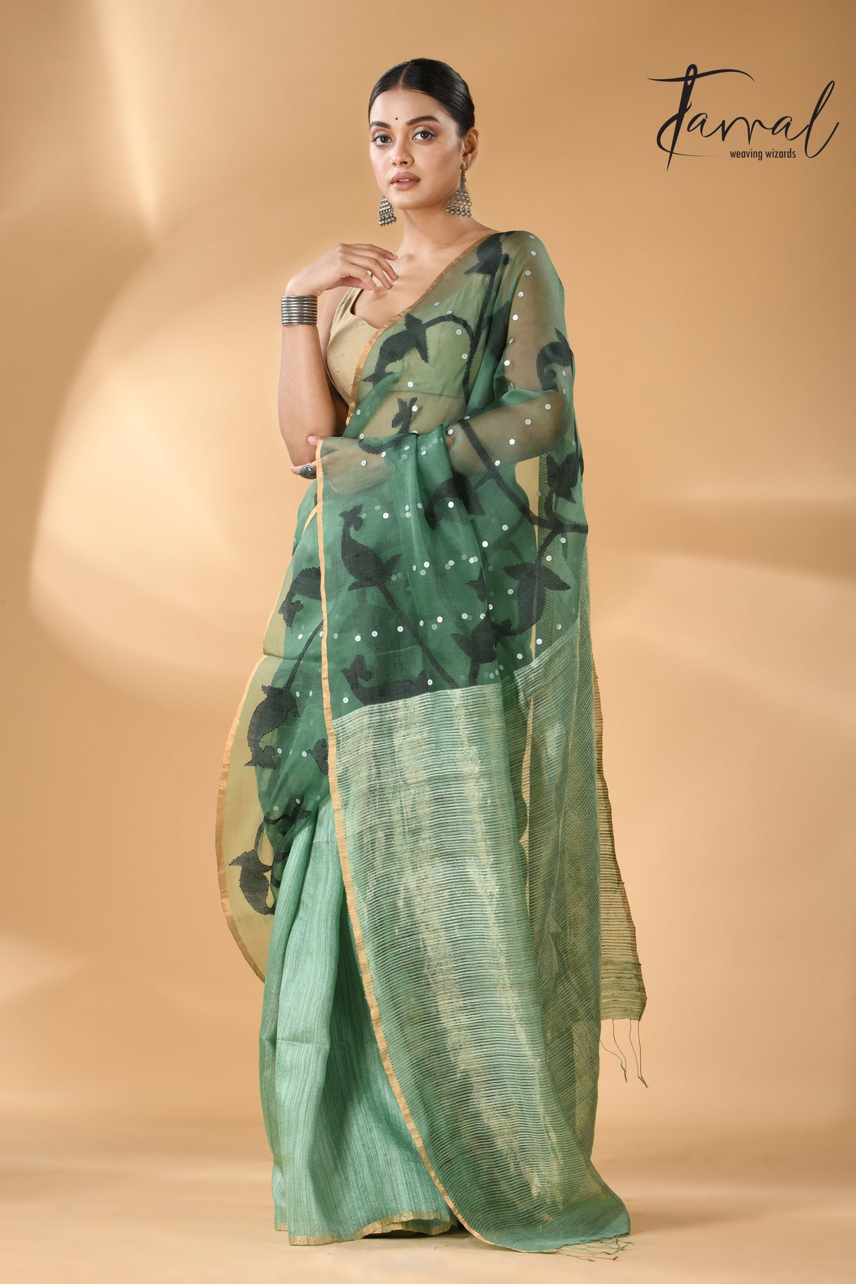 Forest green with zari border half & half muslin with matka silk handwoven needle work jamdani saree