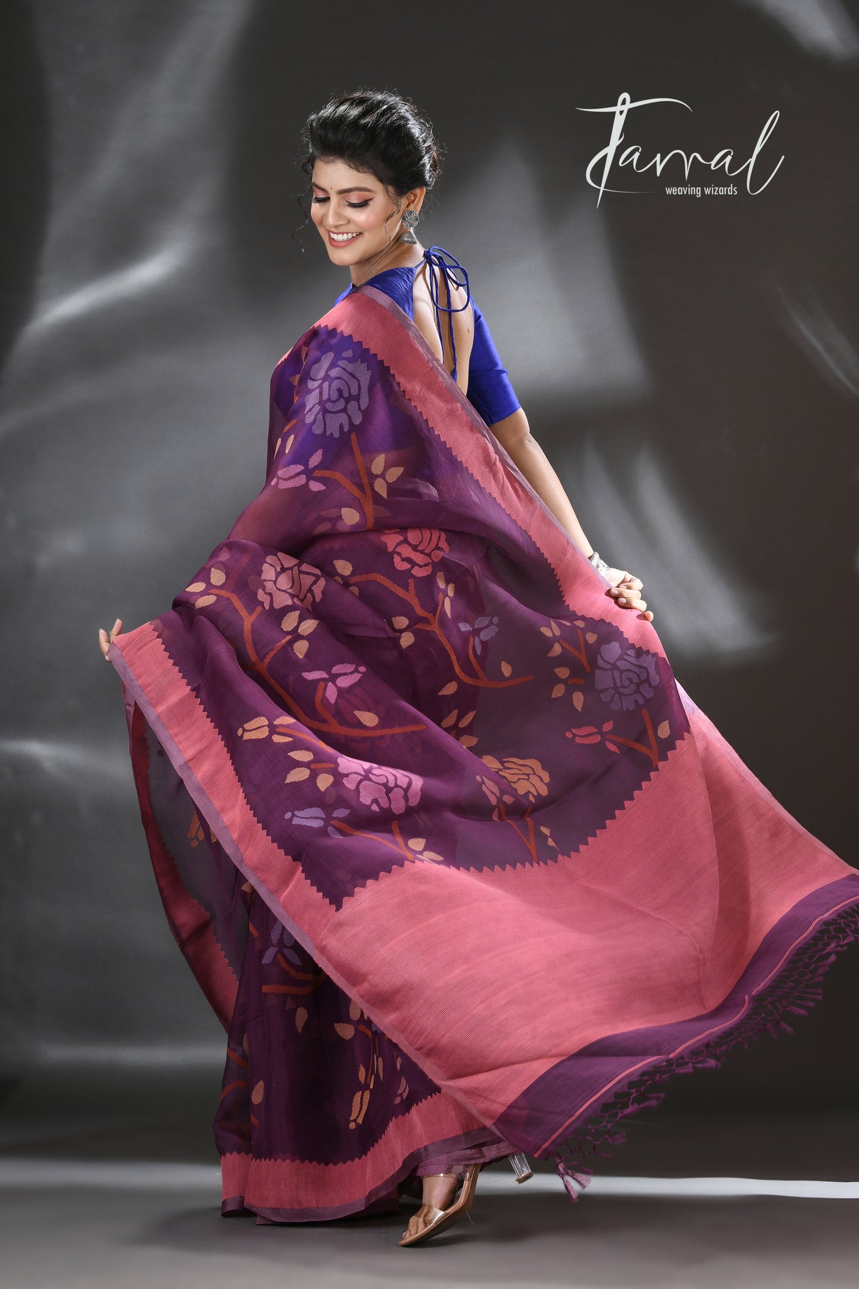 Mauve with multi colour allover rose motifs handwoven muslin silk jamdani saree