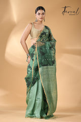 Forest green with zari border half & half muslin with matka silk handwoven needle work jamdani saree