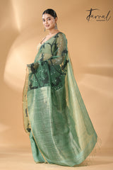 Forest green with zari border half & half muslin with matka silk handwoven needle work jamdani saree