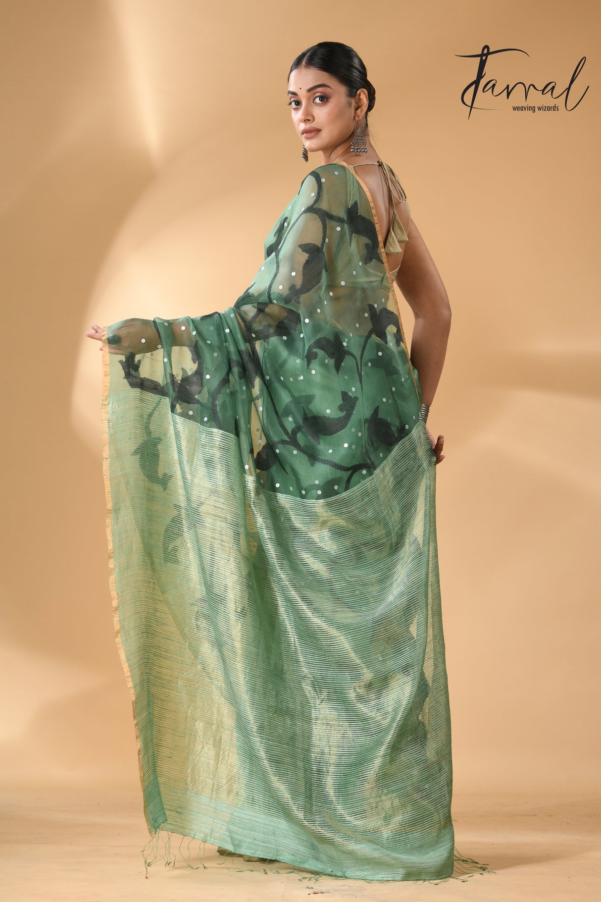 Forest green with zari border half & half muslin with matka silk handwoven needle work jamdani saree