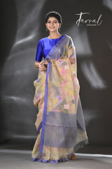 Offwhite with purple border allover floral motifs handwoven muslin silk jamdani saree - Tamal Boutique