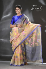 Offwhite with purple border allover floral motifs handwoven muslin silk jamdani saree - Tamal Boutique