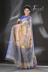 Offwhite with purple border allover floral motifs handwoven muslin silk jamdani saree - Tamal Boutique