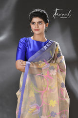 Offwhite with purple border allover floral motifs handwoven muslin silk jamdani saree - Tamal Boutique