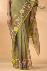 Yellowish blue dual tone muslin silk floral border handwoven jamdani saree