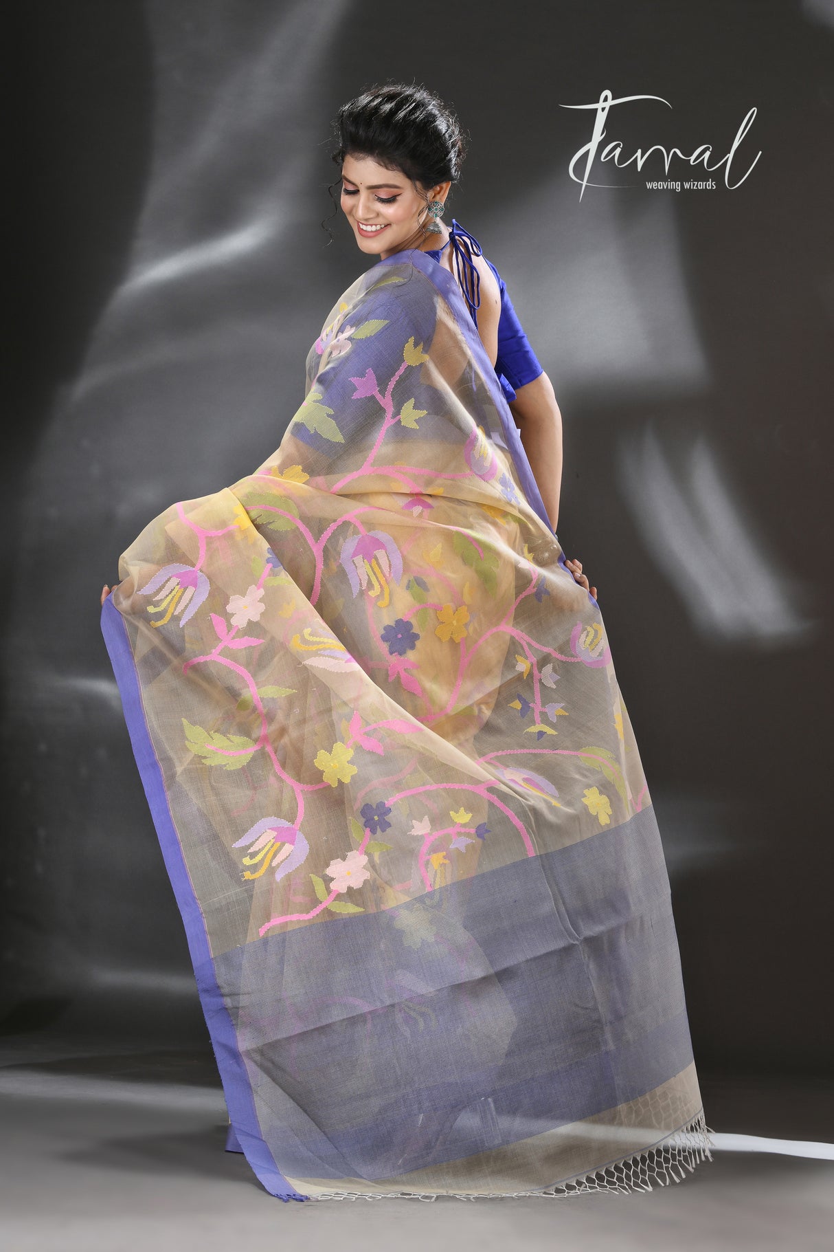 Offwhite with purple border allover floral motifs handwoven muslin silk jamdani saree - Tamal Boutique