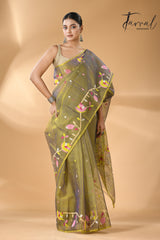 Yellowish blue dual tone muslin silk floral border handwoven jamdani saree