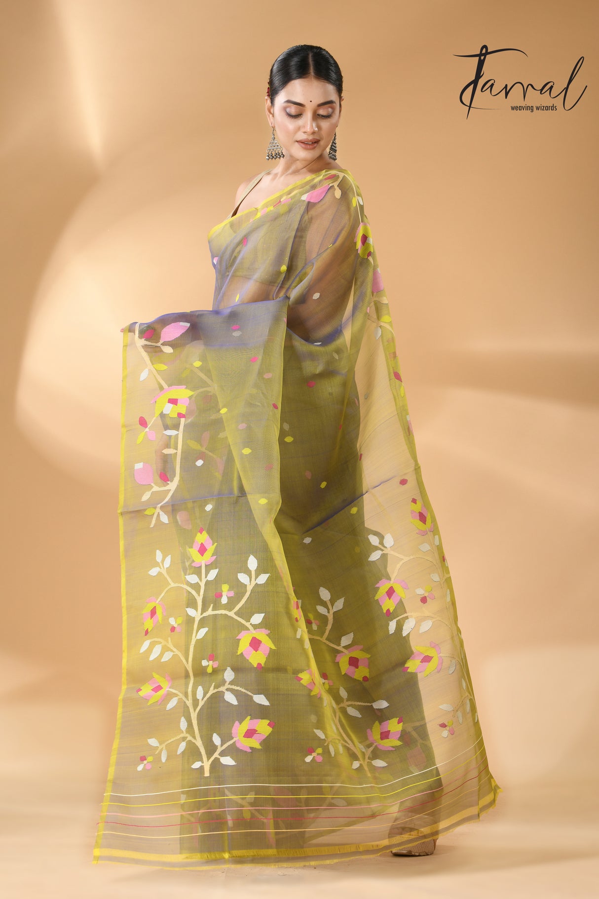 Yellowish blue dual tone muslin silk floral border handwoven jamdani saree