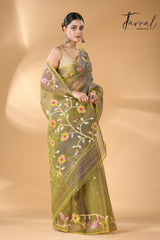 Yellowish blue dual tone muslin silk floral border handwoven jamdani saree