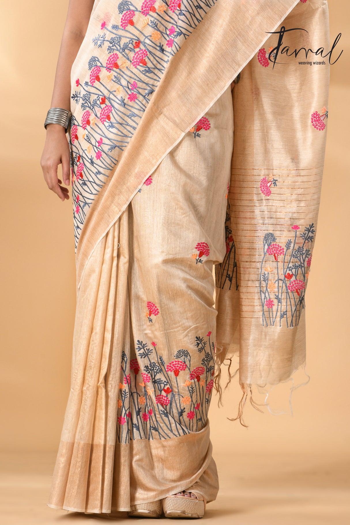 Offwhite with golden zari border bhagolpuri tussar silk embroidered saree