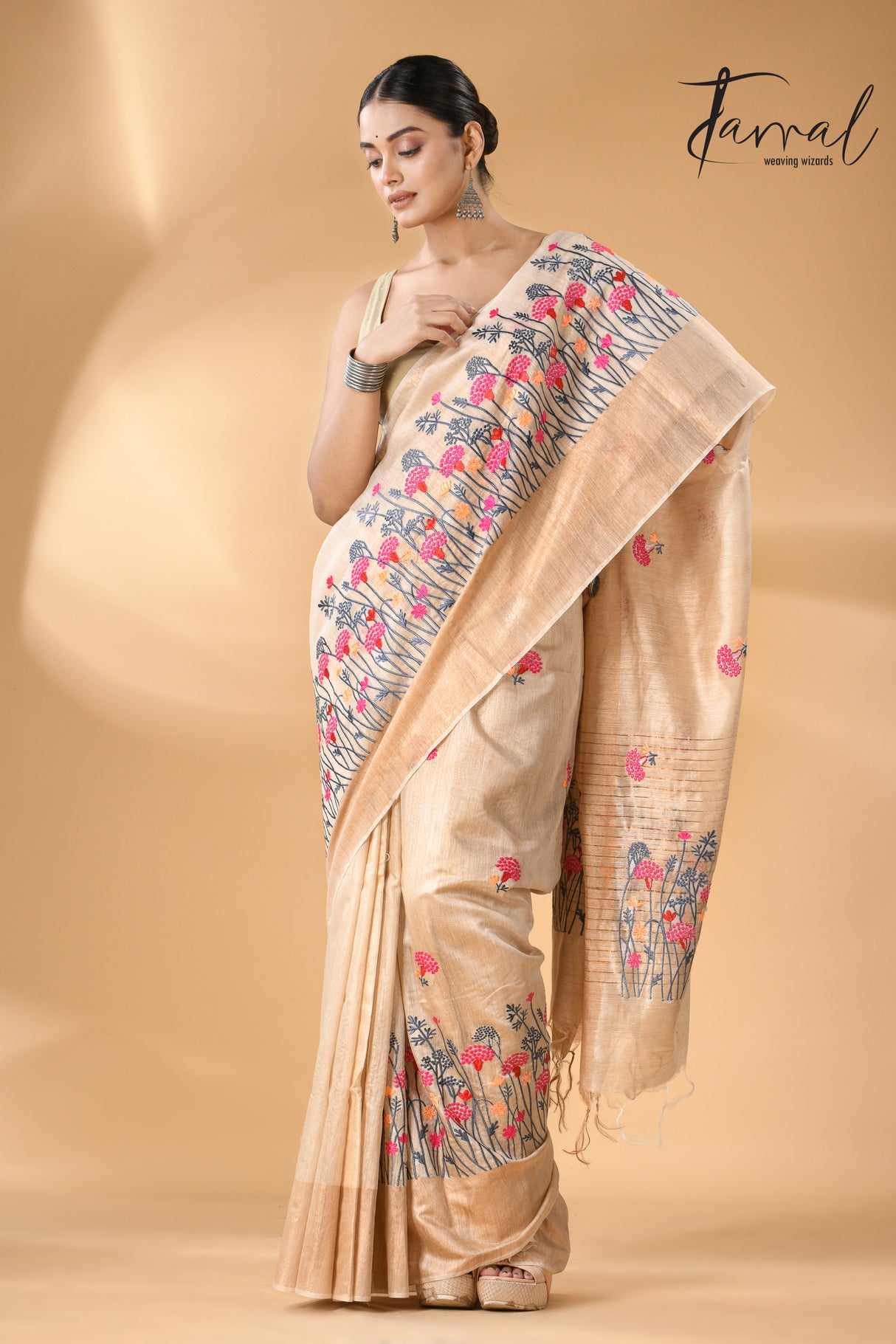 Offwhite with golden zari border bhagolpuri tussar silk embroidered saree