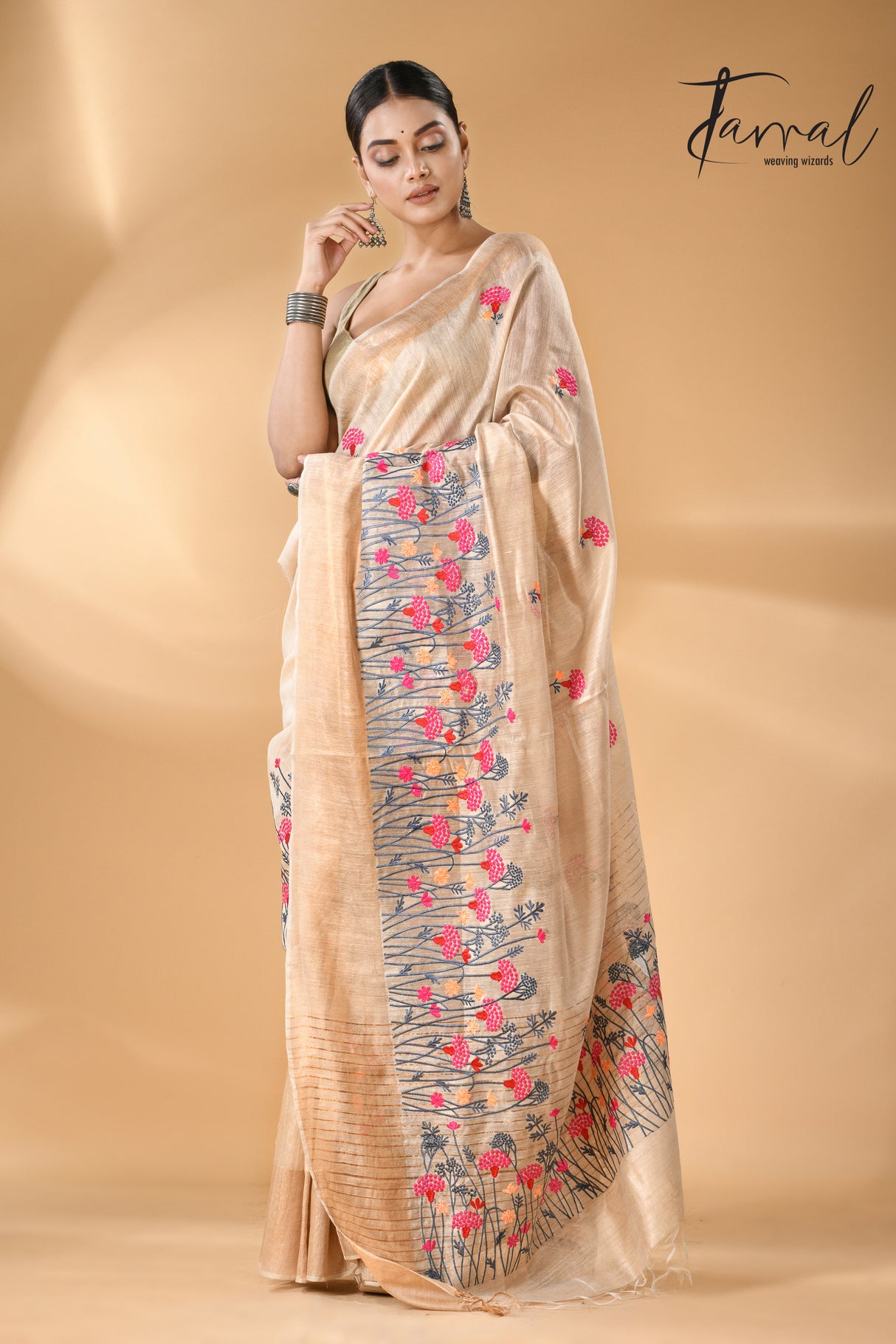 Offwhite with golden zari border bhagolpuri tussar silk embroidered saree - Tamal Boutique