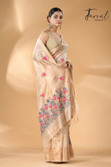 Offwhite with golden zari border bhagolpuri tussar silk embroidered saree - Tamal Boutique