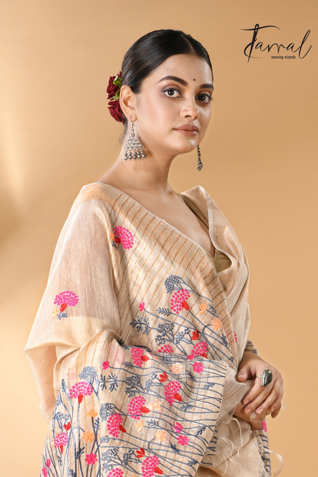 Offwhite with golden zari border bhagolpuri tussar silk embroidered saree - Tamal Boutique