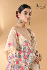 Offwhite with golden zari border bhagolpuri tussar silk embroidered saree