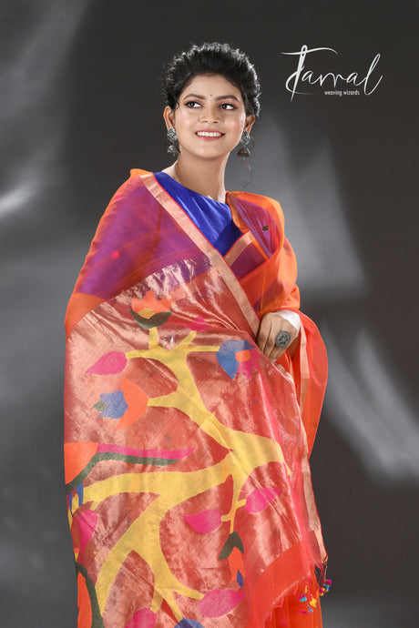 Orange with zari border love bird pure organza silk paithani handwoven jamdani saree