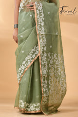 Moss green with zari border muslin silk handwoven needle work jamdani saree