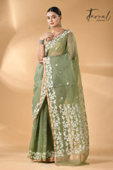 Moss green with zari border muslin silk handwoven needle work jamdani saree