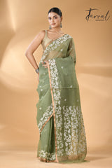 Moss green with zari border muslin silk handwoven needle work jamdani saree