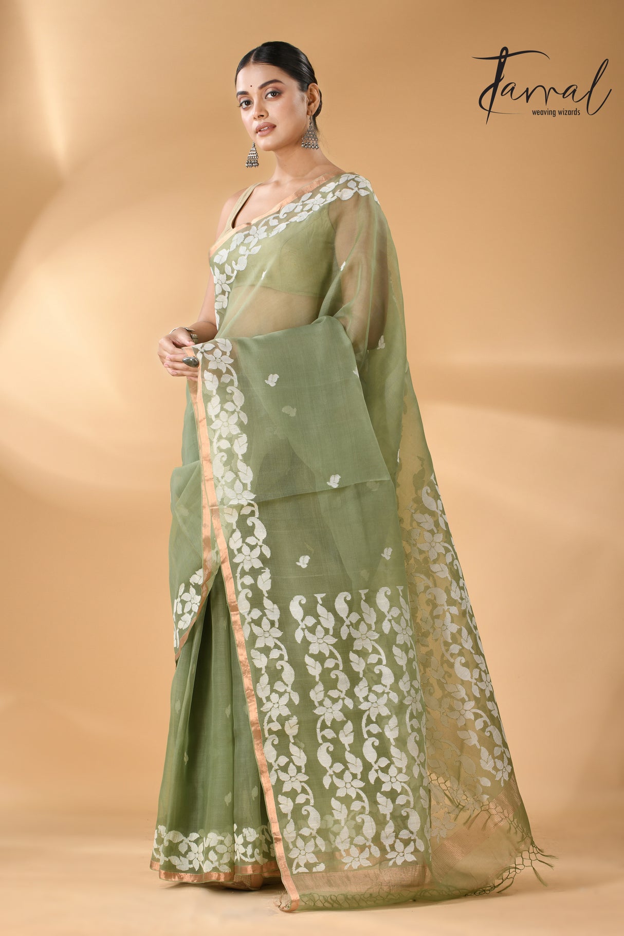 Moss green with zari border muslin silk handwoven needle work jamdani saree